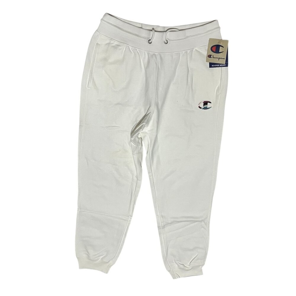 Champion Reverse Weave Colorful Embroidered Patch Sweat Pants Sz Large White Wom
